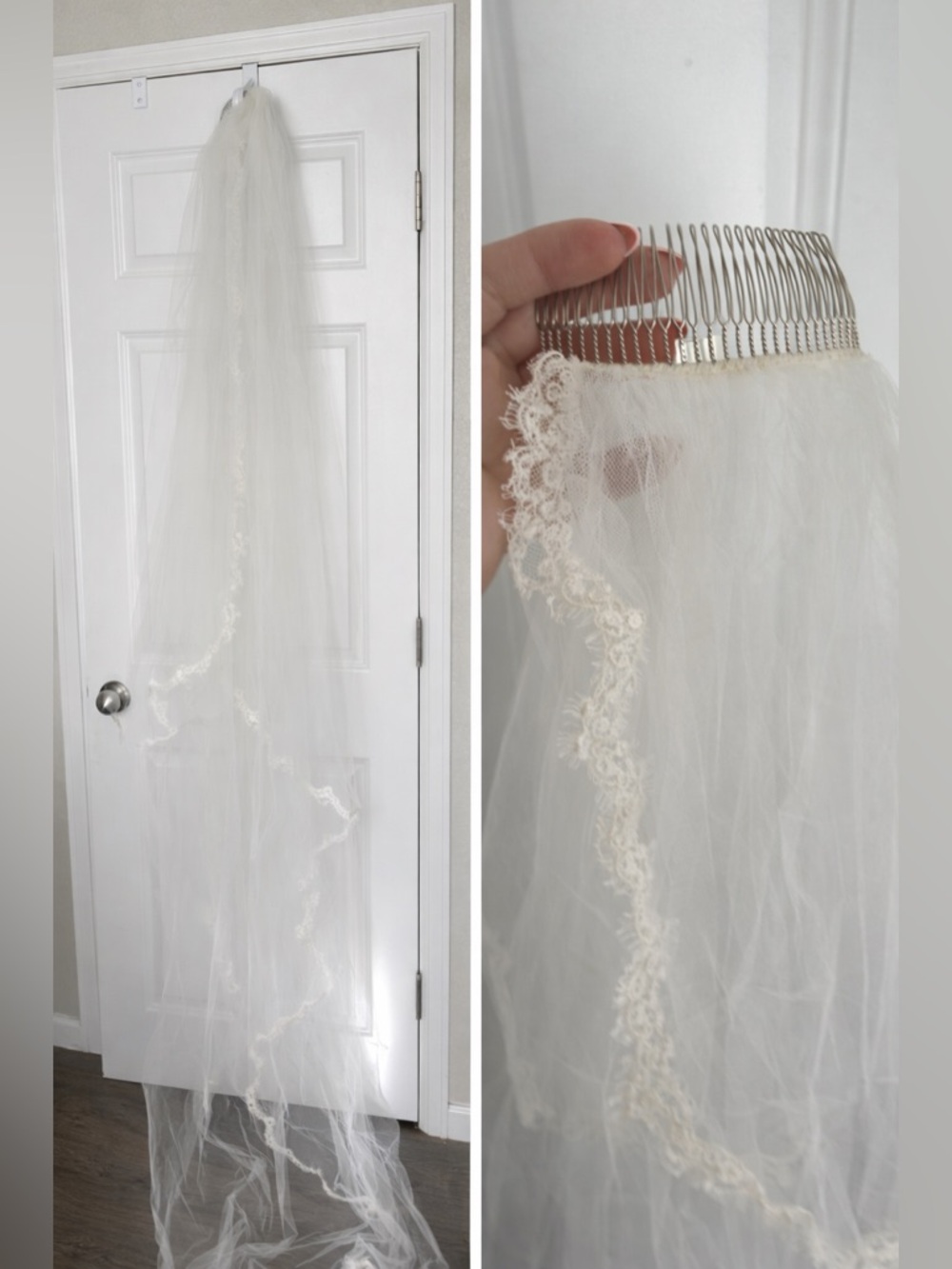 Cathedral Lace Trim Wedding Veil Ivory Long Bridal Veil w/ Comb
